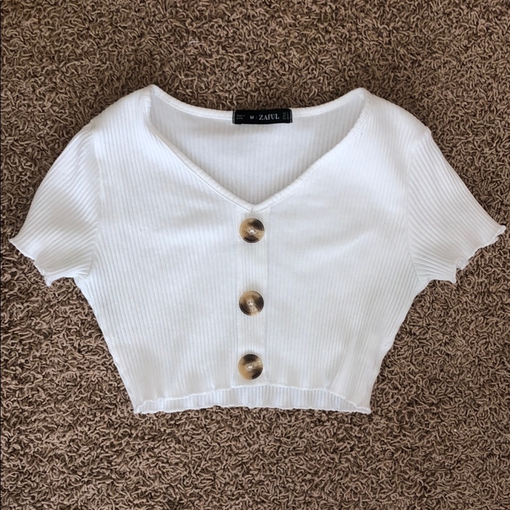 ZAFUL White Ribbed Button Down Crop Top